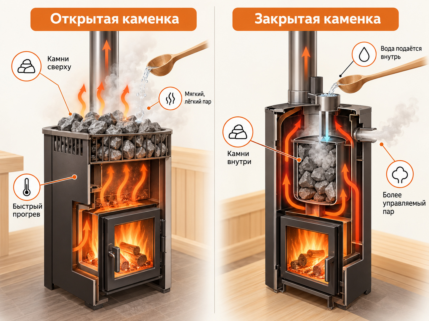 Сравнение открытой и закрытой каменки банной печи