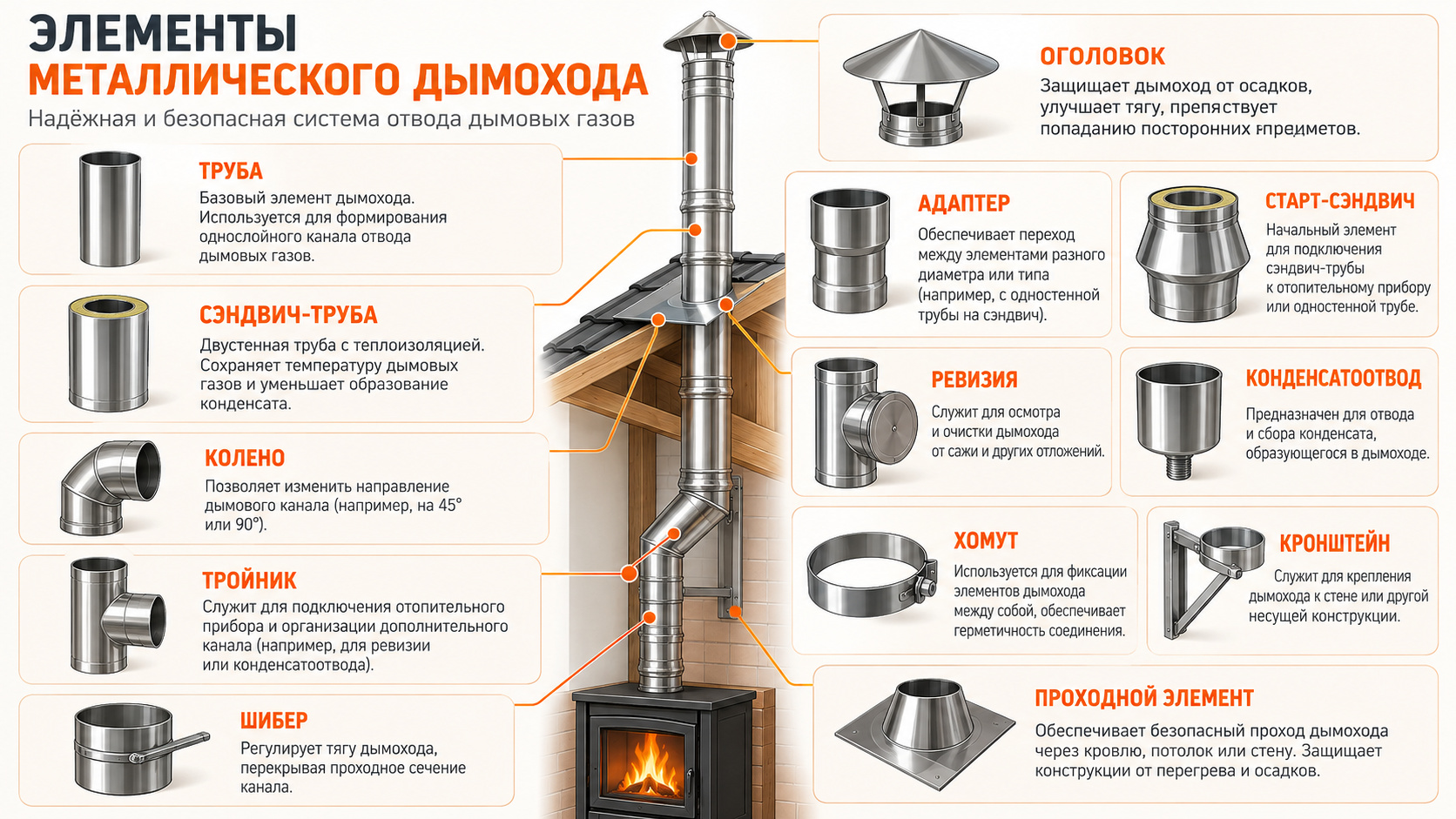 Основные элементы металлической дымоходной системы