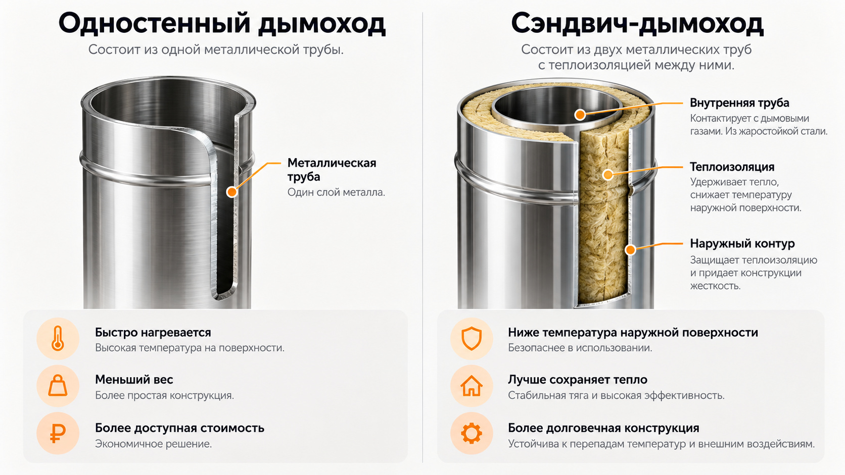 Конструкция одностенной и сэндвич-трубы для дымохода